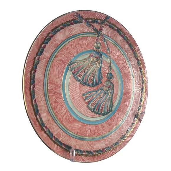 Decorative Ceramic Plate Tassel Motif 10" Pink Blue Gold Embossed Hand-Painted - Picture 2 of 6